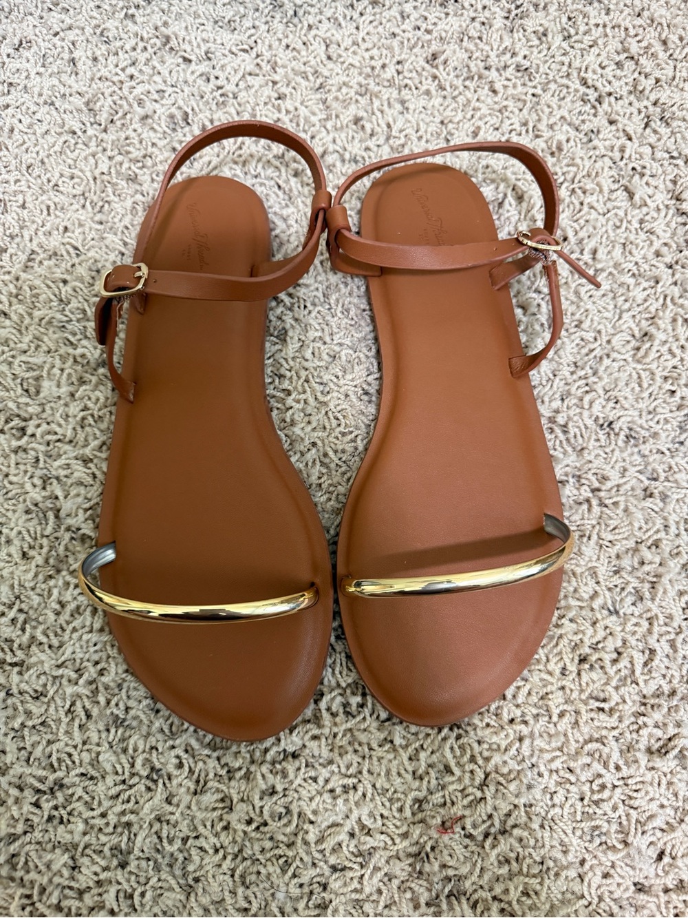 Brown Leather-Look Women's Ankle Strap Sandals with Gold Accent W9.5